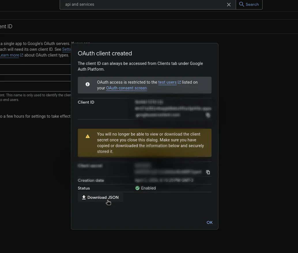 Download OAuth client JSON