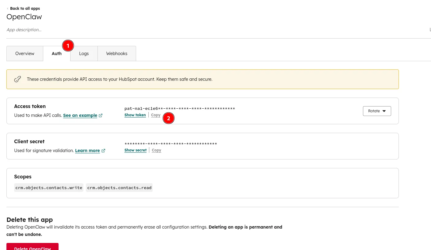 In the legacy app, open the Auth tab, review the scopes, and copy the access token