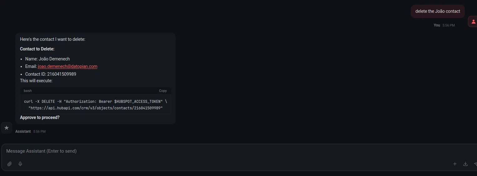 Ask OpenClaw to propose the delete action first and wait for approval before removing a HubSpot contact